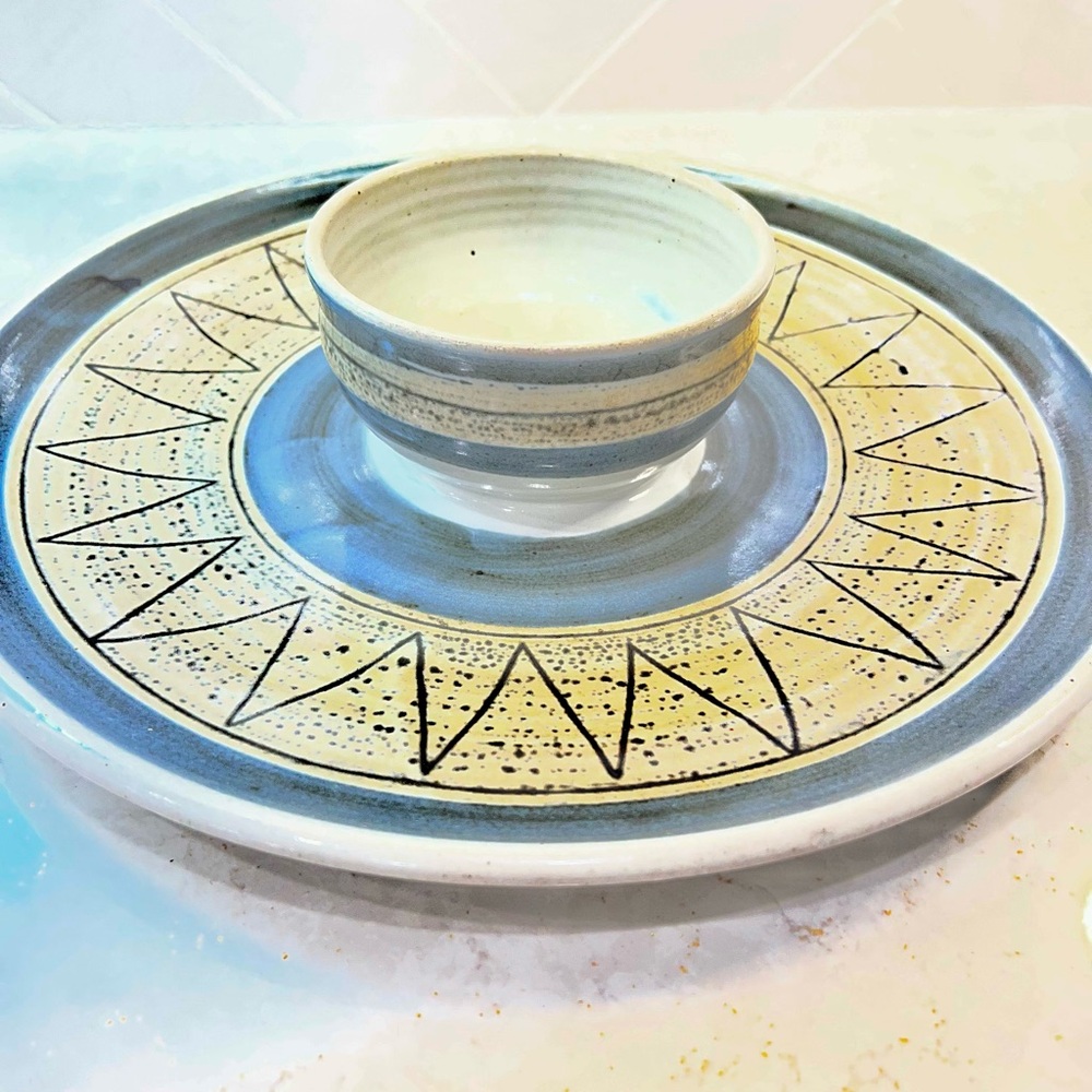 Hage Studio Signed Stoneware Pottery MCM Chip Attached Dip Platter Geometric